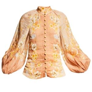 Zimmermann Postcard Lantern Blouse Floral Motif Long Blouson Sleeves Large Flaws